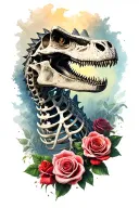 dinosaur skeleton with roses and fog, sleeve tattoo tattoo design idea