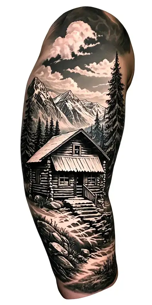 A detailed mountain landscape with a nestled cabin and a hidden hunting scene incorporated within the design tattoo design idea