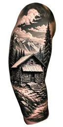 A detailed mountain landscape with a nestled cabin and a hidden hunting scene incorporated within the design tattoo design idea
