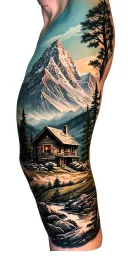 A detailed mountain landscape with a nestled cabin and a hidden hunting scene incorporated within the design tattoo design idea