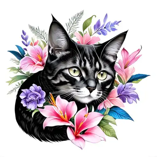 A cat surrounded by flowers of cyclamens, birds of paradise, pink, violet and cerisers with the presimist Alice inscribed tattoo design idea