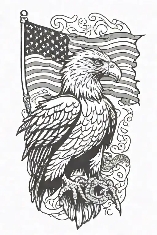 A stylized eagle clutching a tattered American flag in its talons tattoo design idea