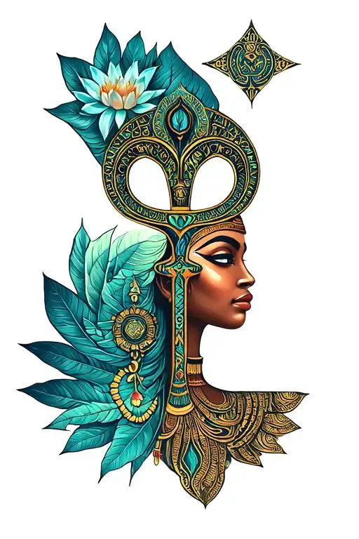African Goddess Aja Virgo Forest Element symbols from avatar Ankh Symbol Lotus Mandala Elements in Background tattoo design idea