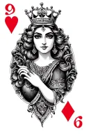 Queen of hearts card, black and gray, crown tattoo design idea