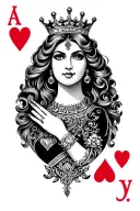 Queen of hearts card, black and gray, crown tattoo design idea