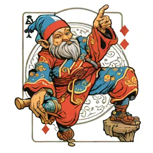 an garden gnome, using a pointing red hat and a blue outfit, this playing card games (but not traditional card games) tattoo design idea