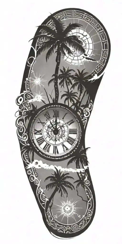 tribal inspired design featuring, snow covered palm trees and sun rising clock  tattoo design idea