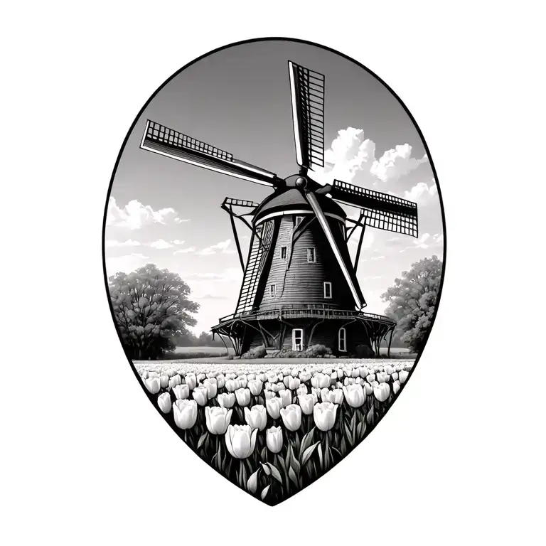 Dutch windmill with tulip field tattoo design idea