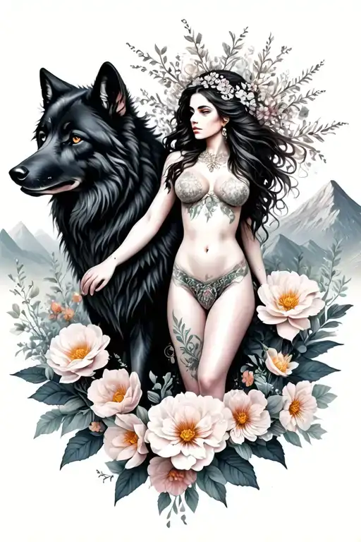 Aries sexy goddess surrounded by poeny flowers and black wolf with mountains  tattoo design idea