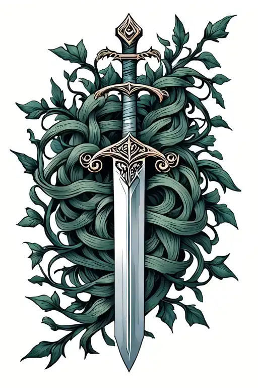 das schwer Excalibur sword wrapped in vines tattoo design idea