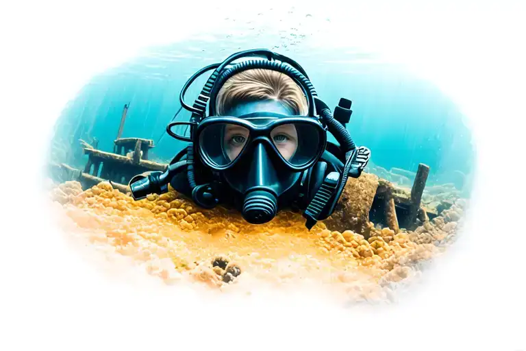 looking through a scuba mask underwater at a shipwreck tattoo design idea