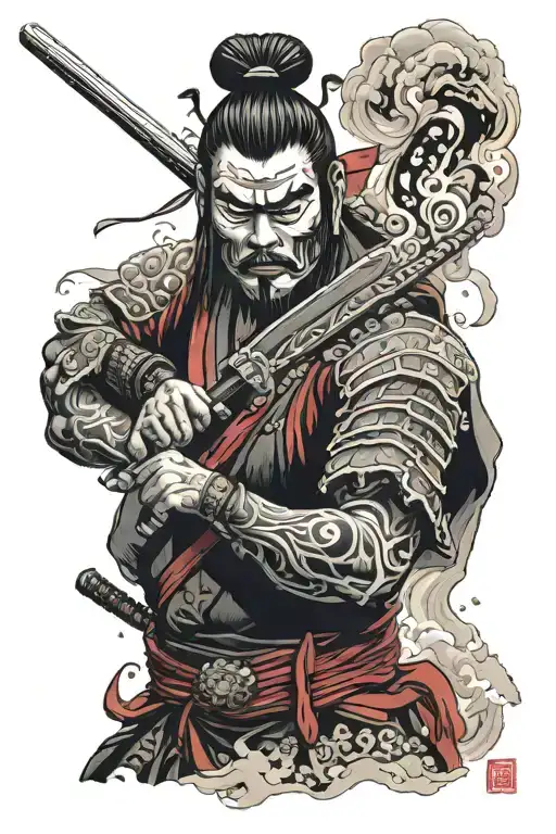 Japanese samurai tattoo with glowing smoke coming out of the eyes/mask and red in the background, paintbrush tattoo design idea