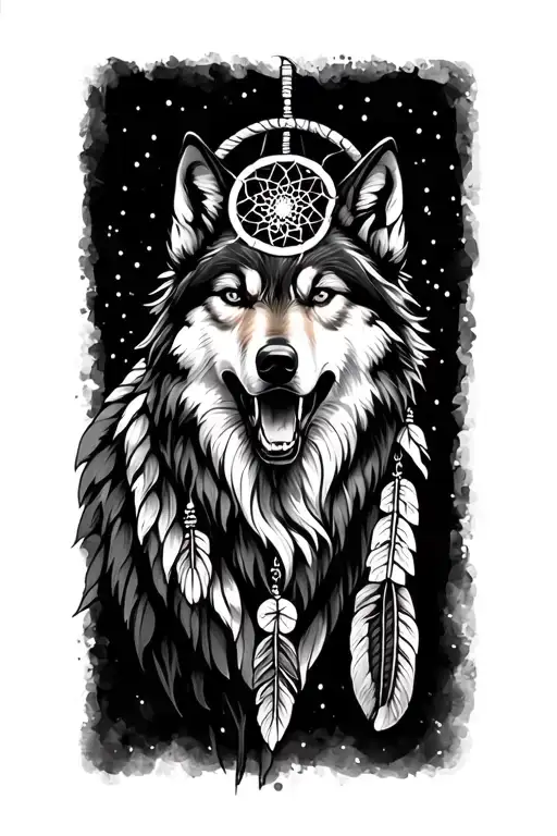 dream catcher and wolf howling tattoo design idea