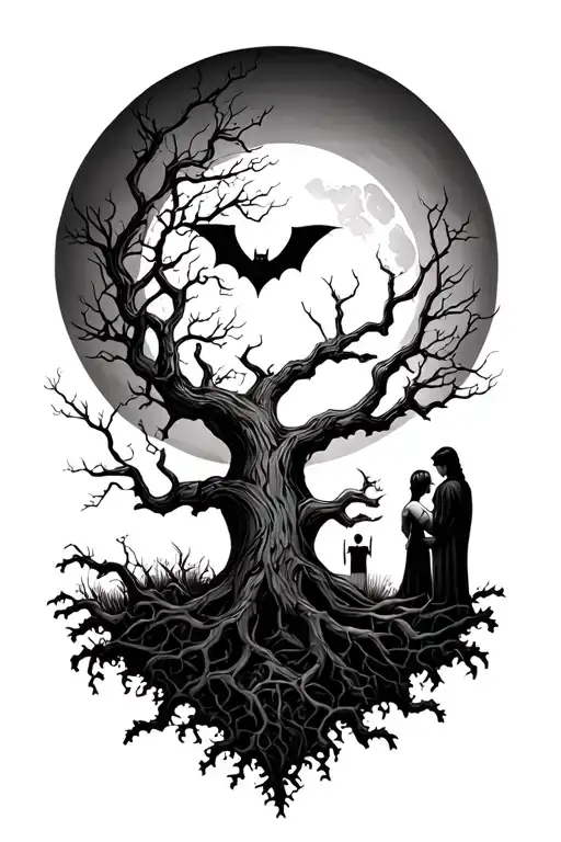 poison tree with a bat in the moon and a couple around the tree  tattoo design idea