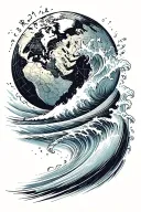 A wave crashing over a globe, symbolizing the client's love for surfing and travel tattoo design idea