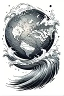 A wave crashing over a globe, symbolizing the client's love for surfing and travel tattoo design idea