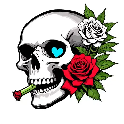 skull and roses with a weed joint in the mouth and the eyes one blue heart and one red heart tattoo design idea