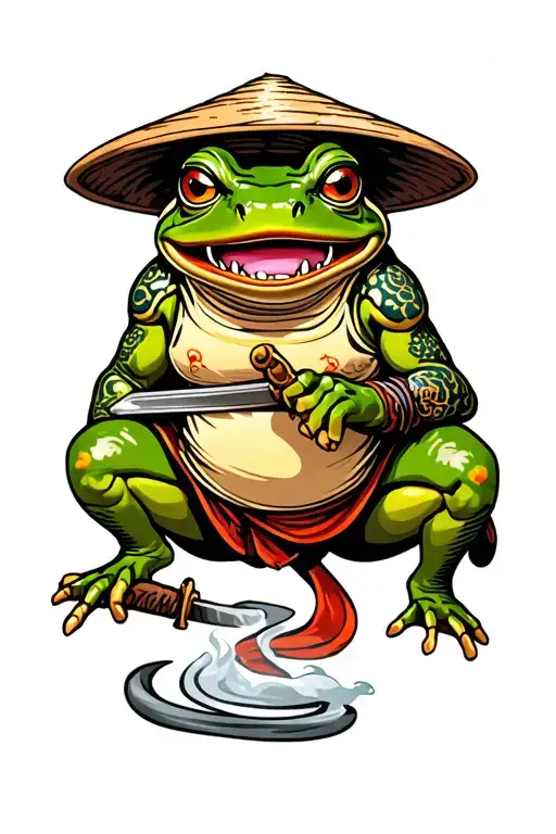 japanese style samurai frog wearing a straw hat and has a samurai sword and also smoking try a crouching fighting stance tattoo design idea
