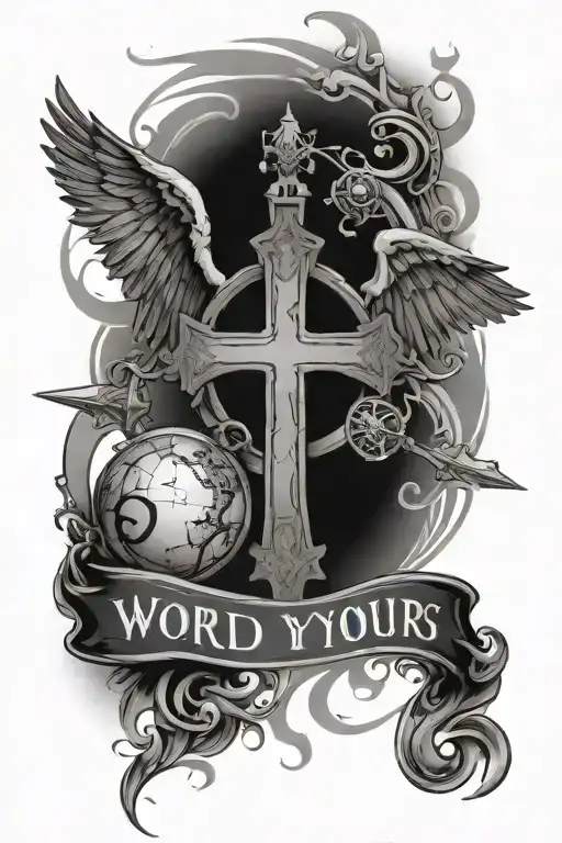 Above, lettering that says: The World Is Yours, in the middle a large Templar cross, Saint Michael the Archangel on one  tattoo design idea