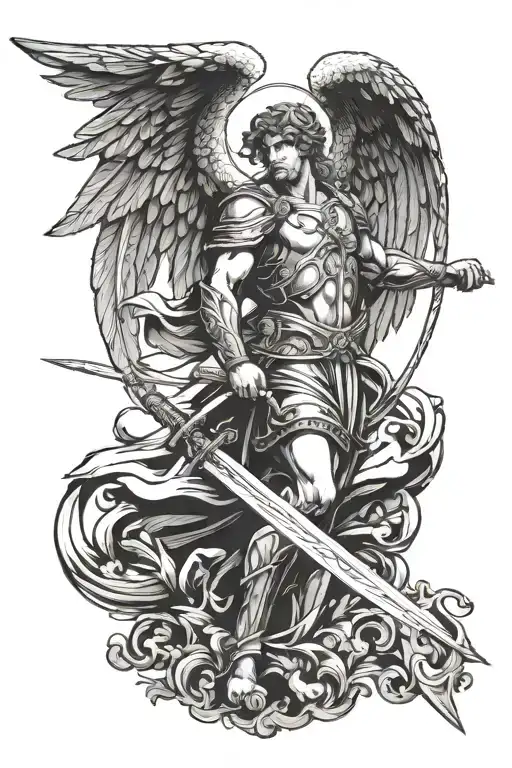 A male Guardian Angel holding a sword and facing to the right tattoo design idea