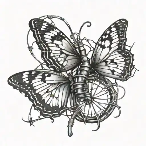 butterfly and barbed wire wrapped tattoo design idea