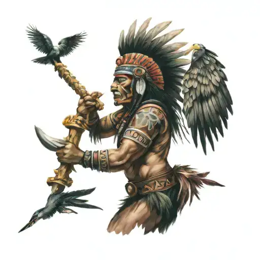 Aztec warrior with eagle headress on thigh  tattoo design idea