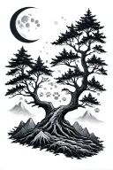 tree of life, forest, mountains, moon phases, paw prints tattoo design idea