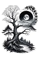 tree of life, forest, mountains, moon phases, paw prints tattoo design idea