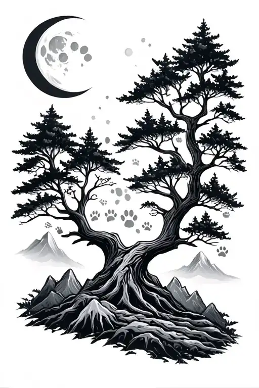 tree of life, forest, mountains, moon phases, paw prints tattoo design idea