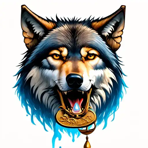 a wolf with a scale in its mouth and Lucifer's tear tattoo design idea