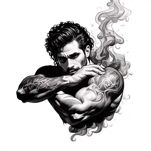 tattooing smoke on the shoulder and around the shoulder up to the hand biceps black white tattoo design idea