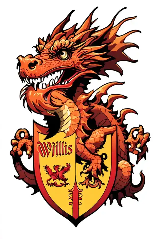 English dragon protecting a Willis family crest tattoo design idea
