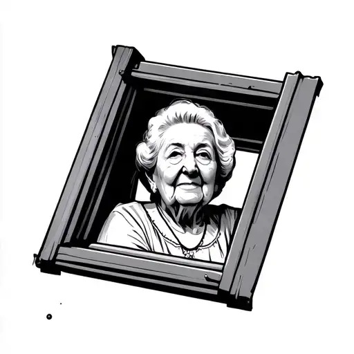 A grandma looks curiously from a sloping roof window tattoo design idea