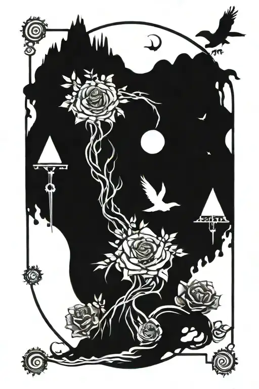 roses, dragon coil, waterfall flowing, pyramid, big tree, crows, moon, yinyang, hourglass, whale, wheel chair tattoo design idea