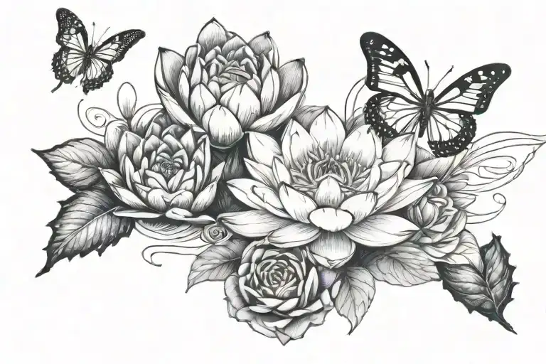 1 water lily in between 2 red roses and 3 butterflies flying around tattoo design idea