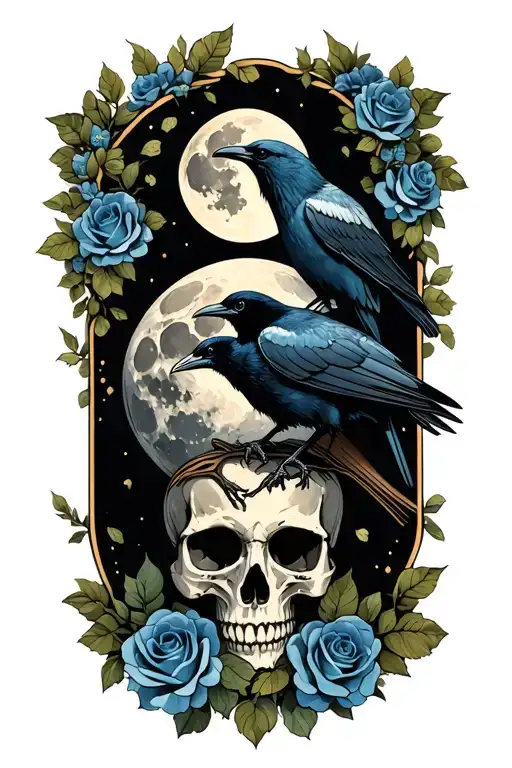 moon and raven perched on a skull with blue roses  tattoo design idea