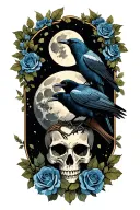 moon and raven perched on a skull with blue roses  tattoo design idea
