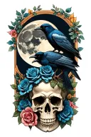 moon and raven perched on a skull with blue roses  tattoo design idea