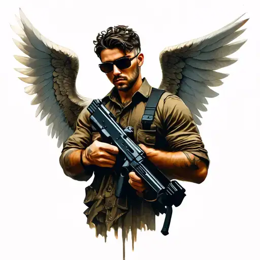 male angel with sunglasses holding a machine gun tattoo design idea