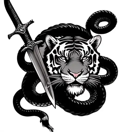 The snake wraps the tiger with the sword tattoo design idea