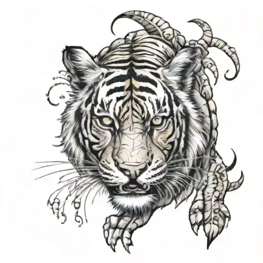biomechanical Polynesian mythical tiger tattoo feral look facing front tattoo design idea
