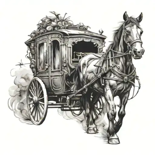 a horse and buggy, packed full, escaping a former life where the darkness has been left behind for a brighter future tattoo design idea