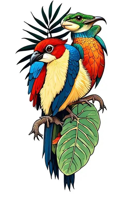 3 animals of the Brazilian fauna being a bird, a mammal and a reptile tattoo design idea