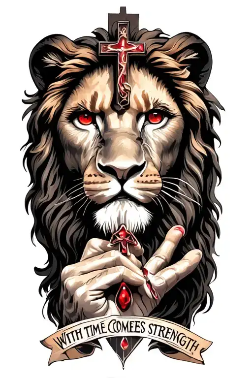 lion eyes, three crosses with Jesus, hand with red jewls neckless, 2006, words saying "with time comes strength" tattoo design idea