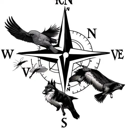 Compass with animals representing each cardinal direction: wolves for the north, flies for the east, birds for the south tattoo design idea