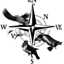 Compass with animals representing each cardinal direction: wolves for the north, flies for the east, birds for the south tattoo design idea