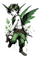 "Picture Peter Pan in punk style, combining the grange of aesthetics, in color with a predominance of green, without wings tattoo design idea