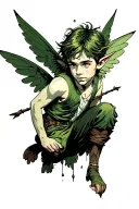 "Picture Peter Pan in punk style, combining the grange of aesthetics, in color with a predominance of green, without wings tattoo design idea