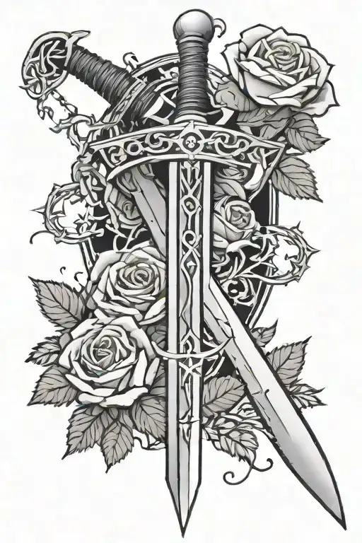 a sword with barbed wire wrapped around the blade with roses and stars  tattoo design idea