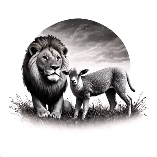 Incorporate a lion and a lamb in a peaceful scene inspired by Joshua 1:9 tattoo design idea